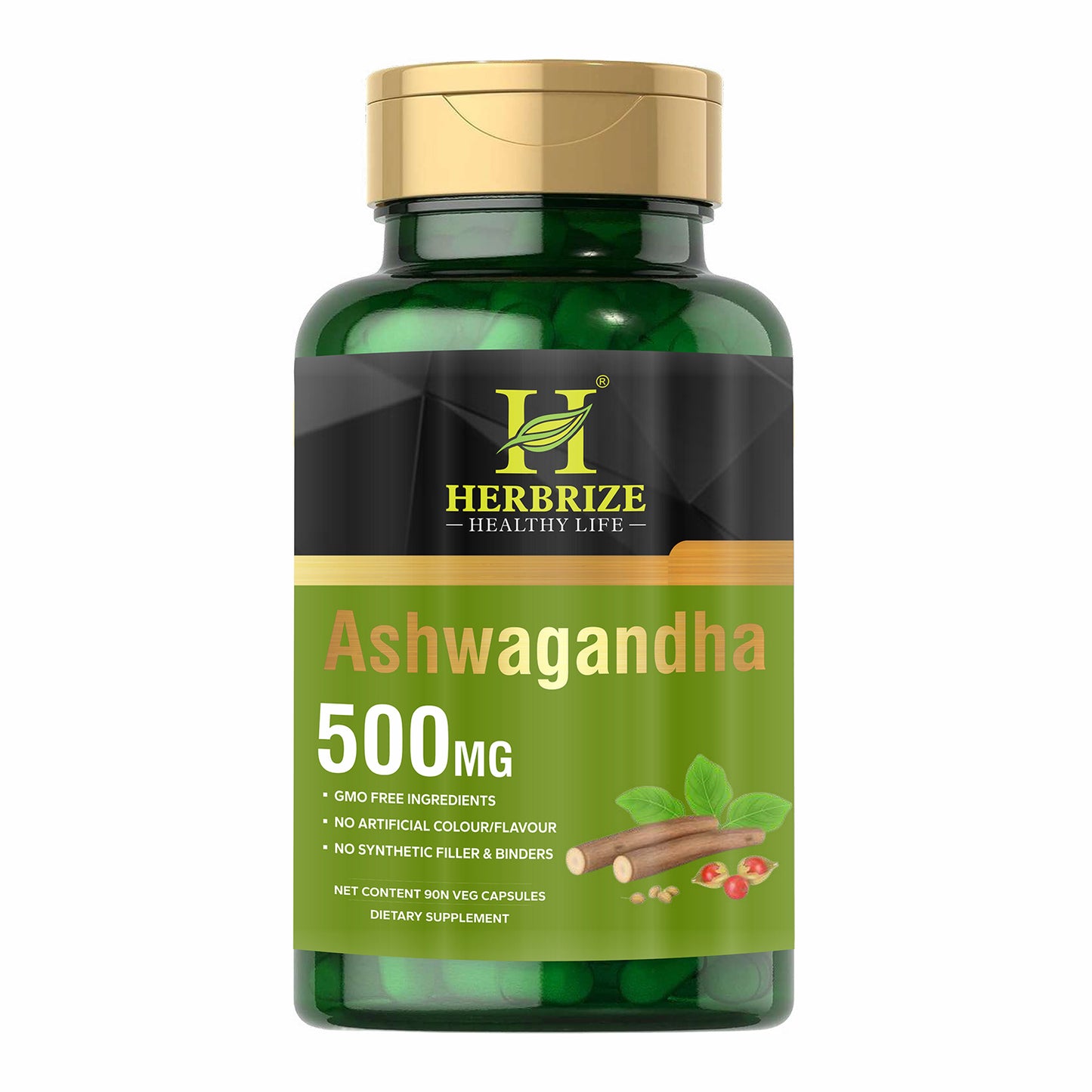 Herbrize Ashwagandha Herbal Supplement 500mg, 90 Capsules - Vegetarian, Non-GMO, Gluten Free