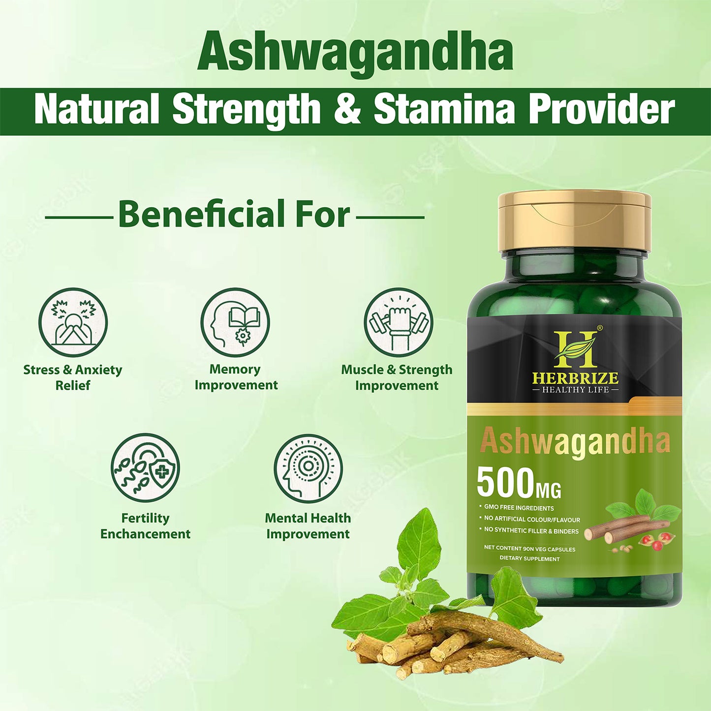 Herbrize Ashwagandha Herbal Supplement 500mg, 90 Capsules - Vegetarian, Non-GMO, Gluten Free