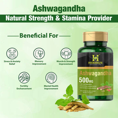 Herbrize Ashwagandha Herbal Supplement 500mg, 90 Capsules - Vegetarian, Non-GMO, Gluten Free