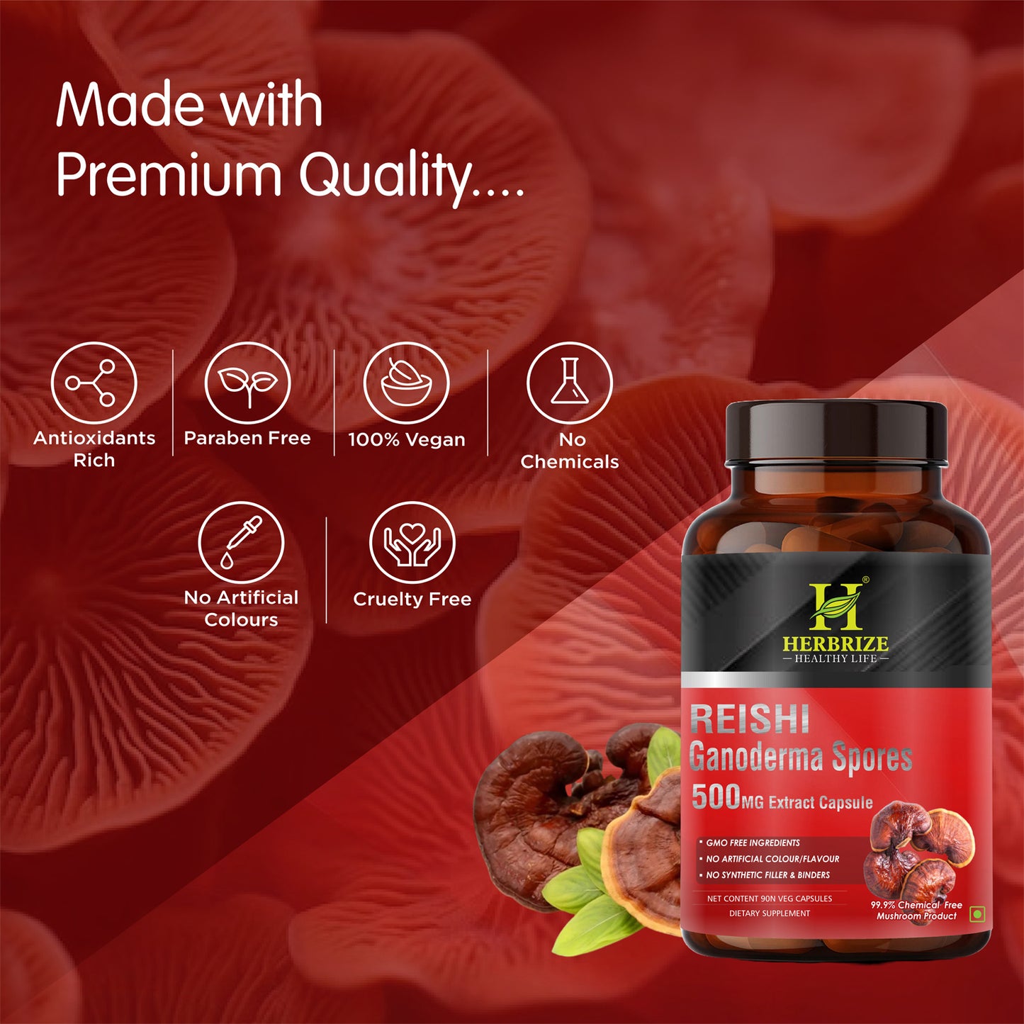 HERBRIZE Ganoderma Reishi Mushroom Capsules | 100% Pure and Natural | Ganoderma Spore Extract 500 Mg 90 Vegetarian Capsules