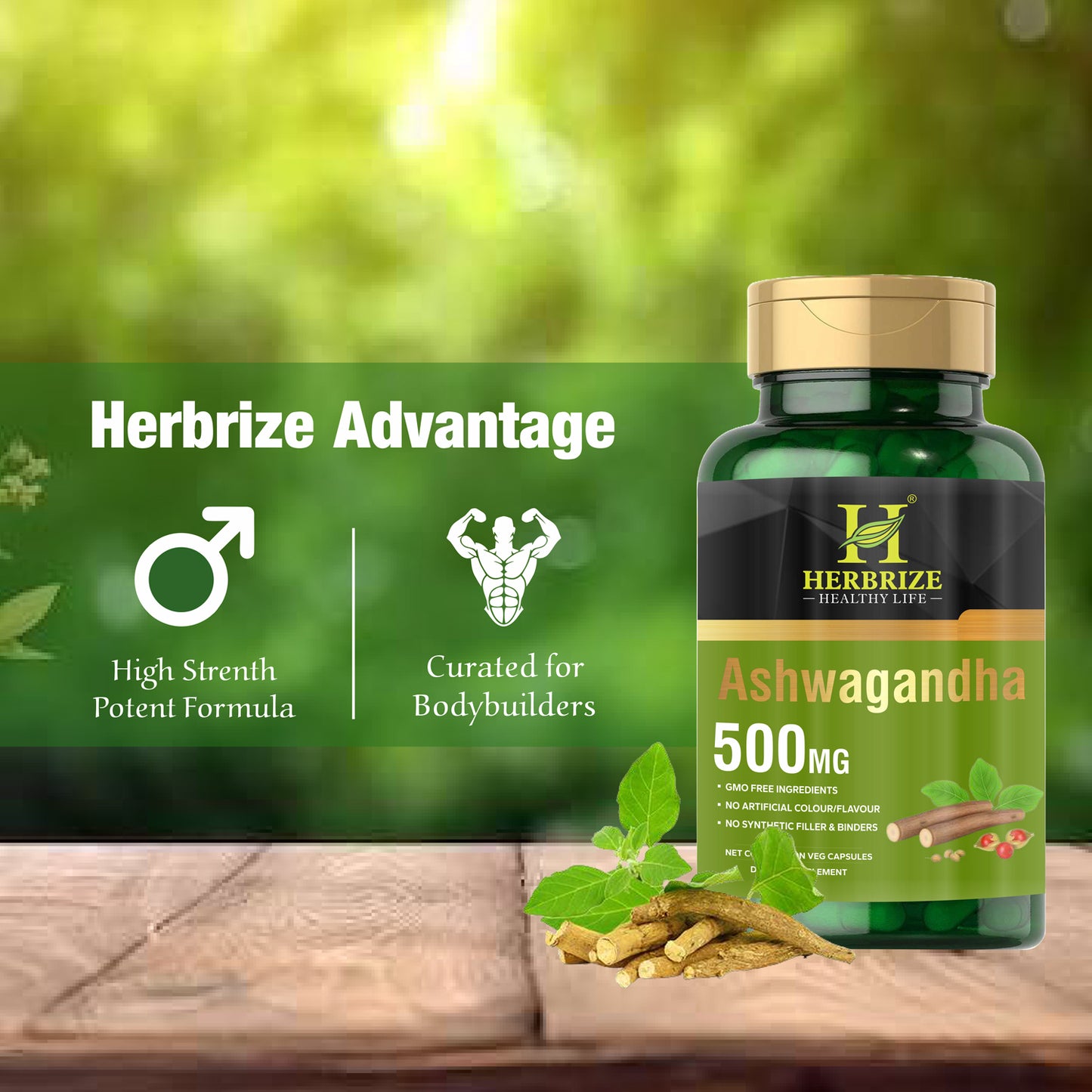 Herbrize Ashwagandha Herbal Supplement 500mg, 90 Capsules - Vegetarian, Non-GMO, Gluten Free