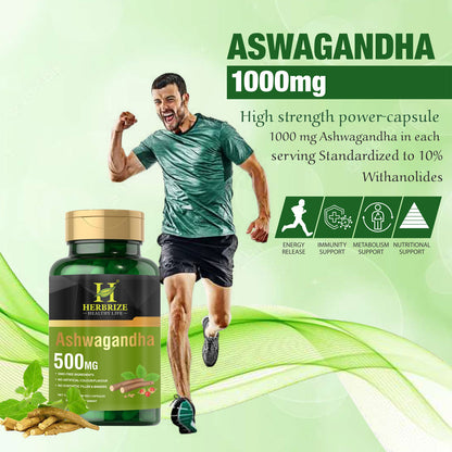 Herbrize Ashwagandha Herbal Supplement 500mg, 90 Capsules - Vegetarian, Non-GMO, Gluten Free